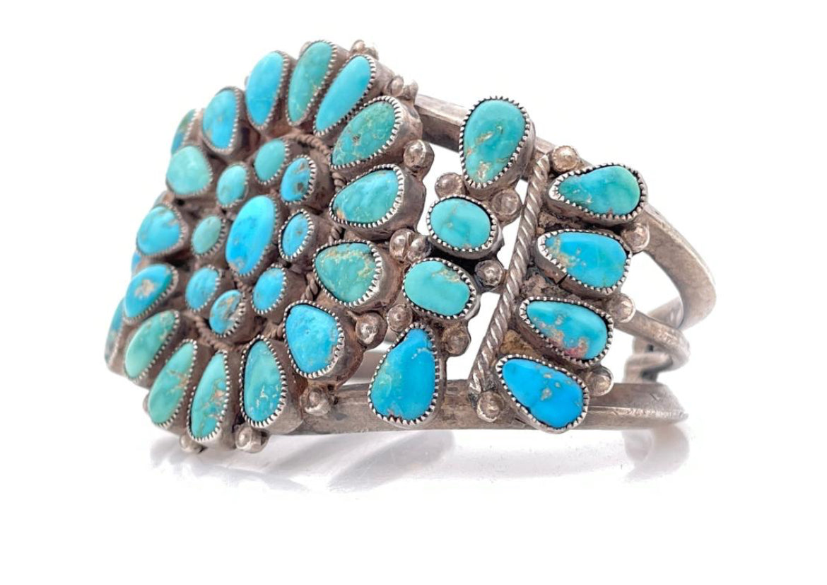 Native American Sterling Silver Petite Point Turquoise Cuff