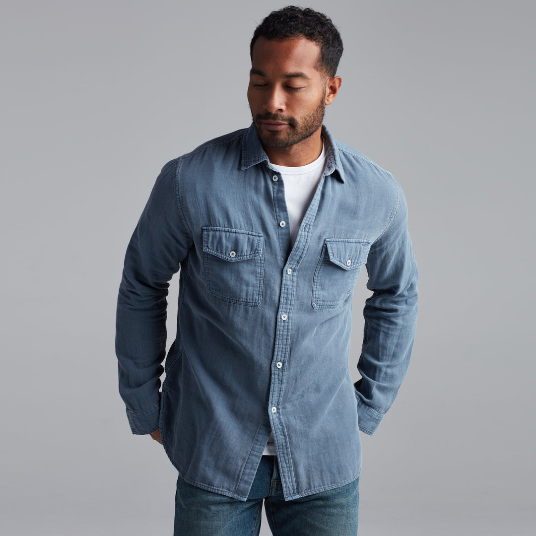 LEEDS DOUBLE LAYER COTTON GAUZE SHIRT - PACIFIC BLUE