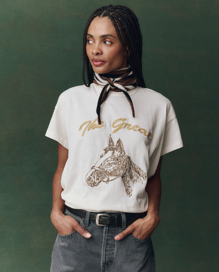 The Boxy Crew. Washed White with Spice Horse Embroidery.