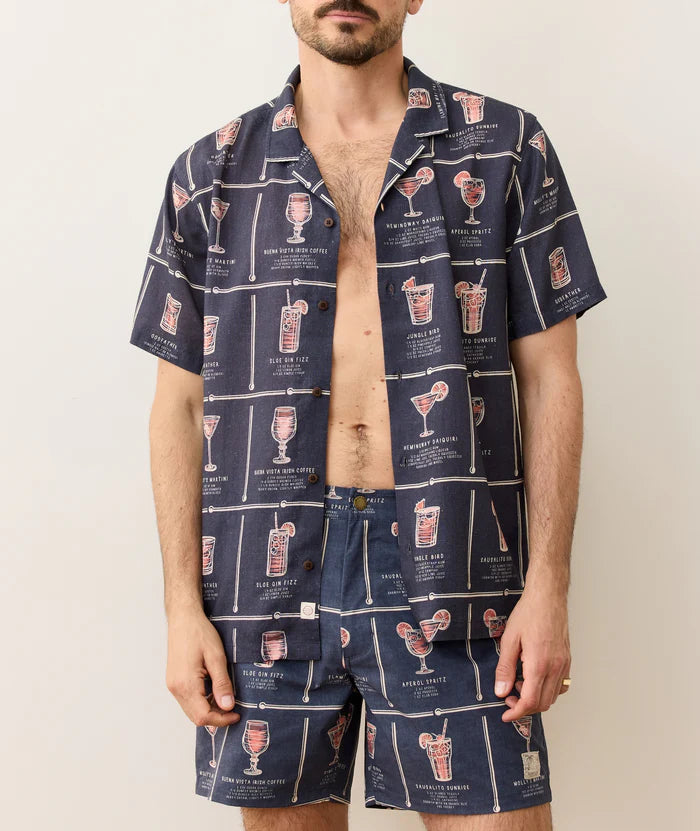 Tencel Linen Resort Shirt - Navy Happy Hour Print