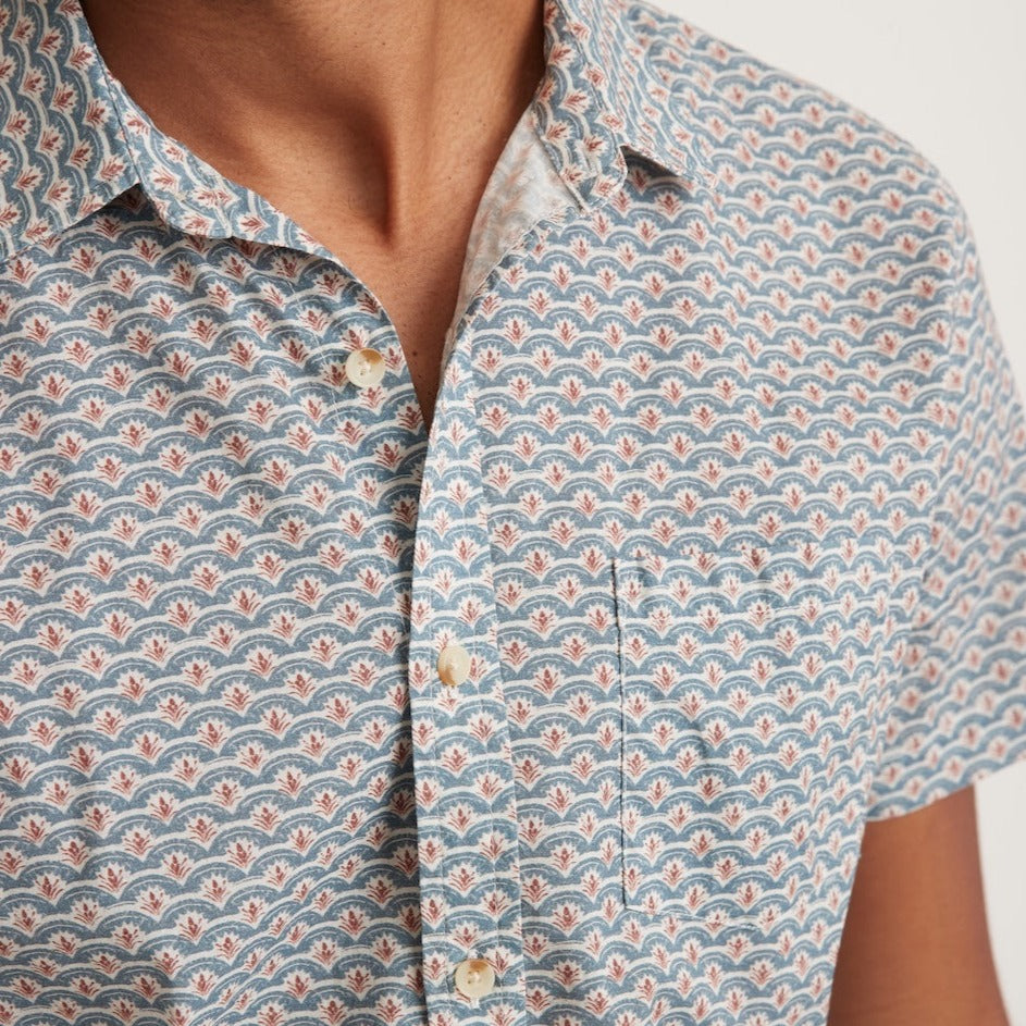 Cotton Plain Weave Shirt - Blue Wavy Print