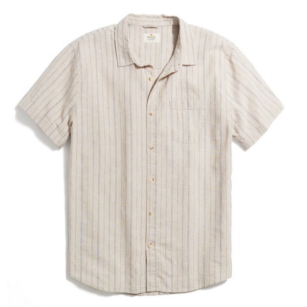 Short Sleeve Hemp Tencel Shirt in Khaki/Navy Stripe
