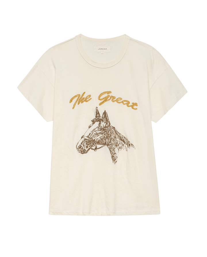 The Boxy Crew. Washed White with Spice Horse Embroidery.