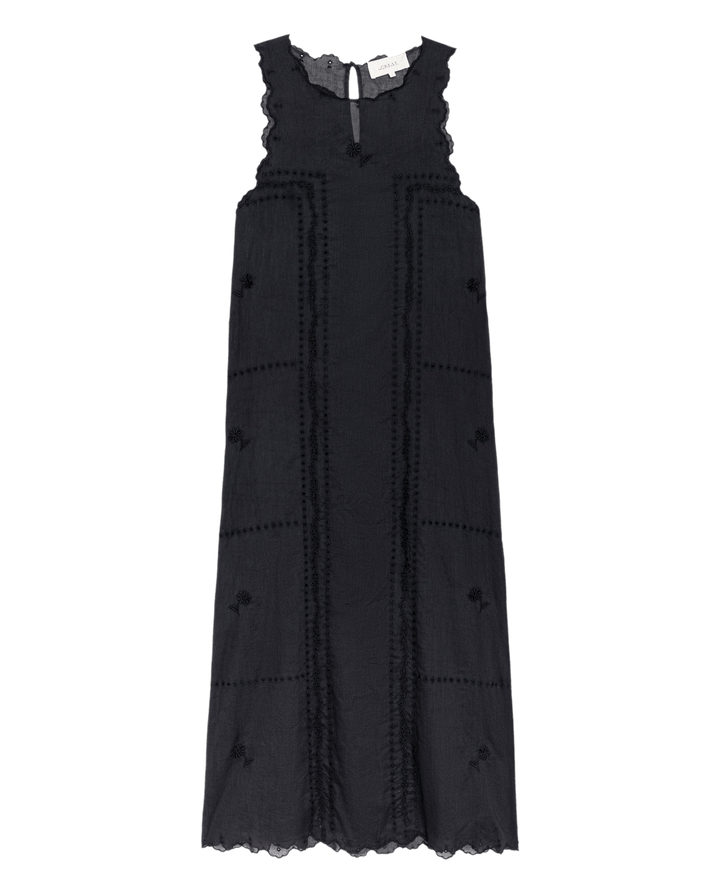 THE SCALLOPED EYELET SHIFT DRESS. Black.