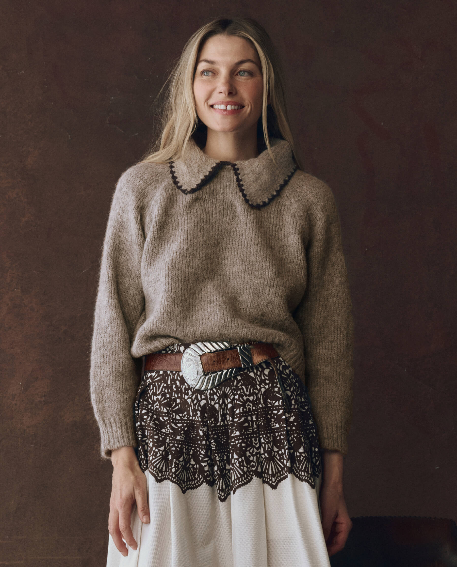 The Crochet Collar Pullover. Oat With Brown