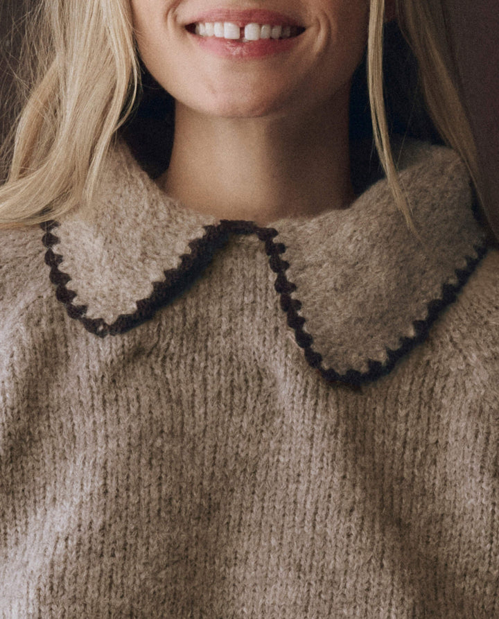 The Crochet Collar Pullover. Oat With Brown