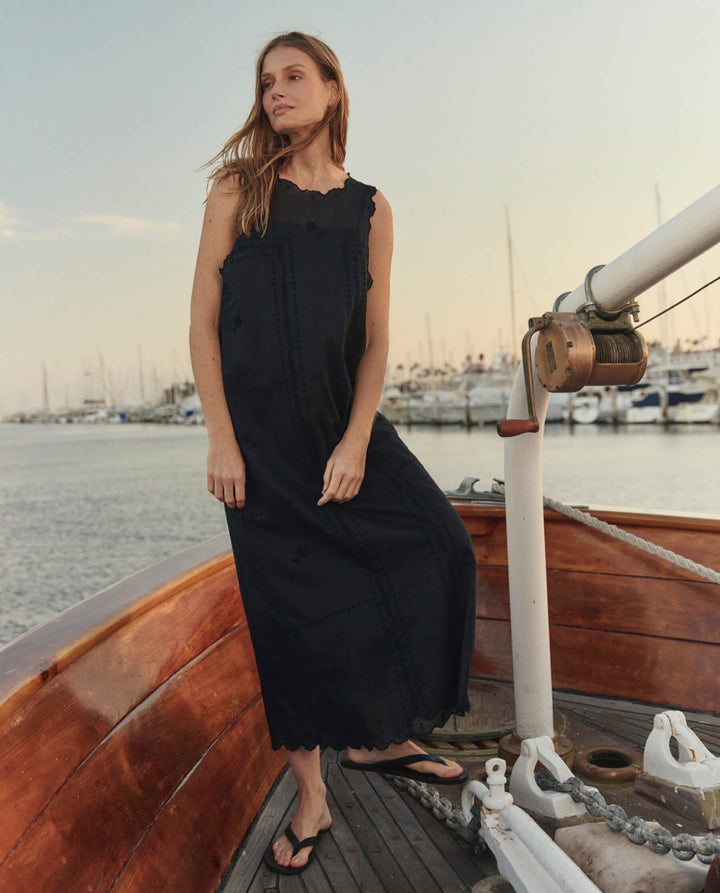 THE SCALLOPED EYELET SHIFT DRESS. Black.