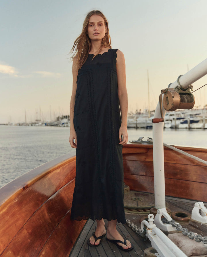 THE SCALLOPED EYELET SHIFT DRESS. Black.