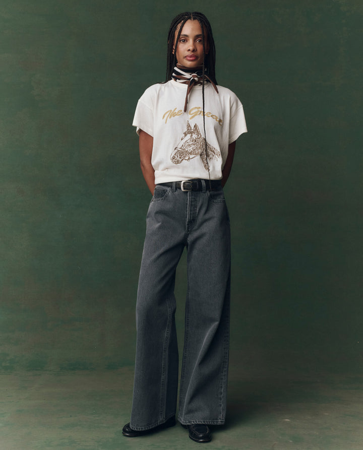 The Boxy Crew. Washed White with Spice Horse Embroidery.