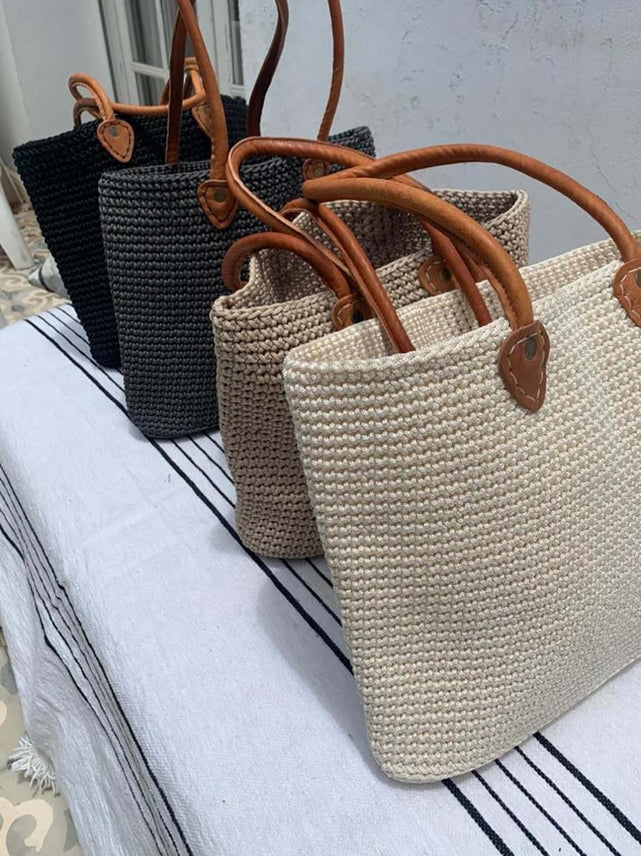 Rectangular Cotton Crochet Tote with Leather Handles