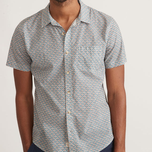 Cotton Plain Weave Shirt - Blue Wavy Print