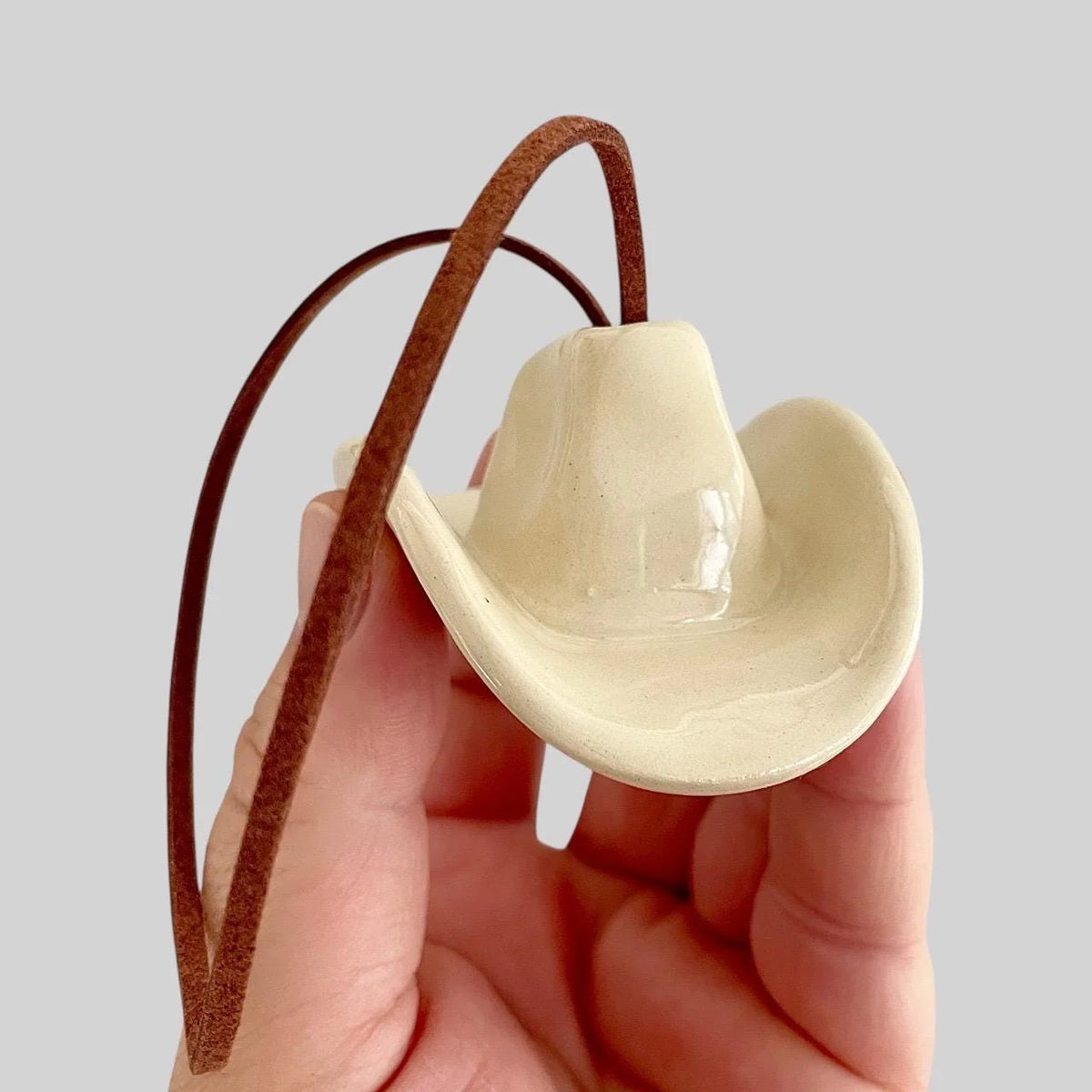 Small Ceramic Cowboy Hat Ornament with Vegan Leather Cord