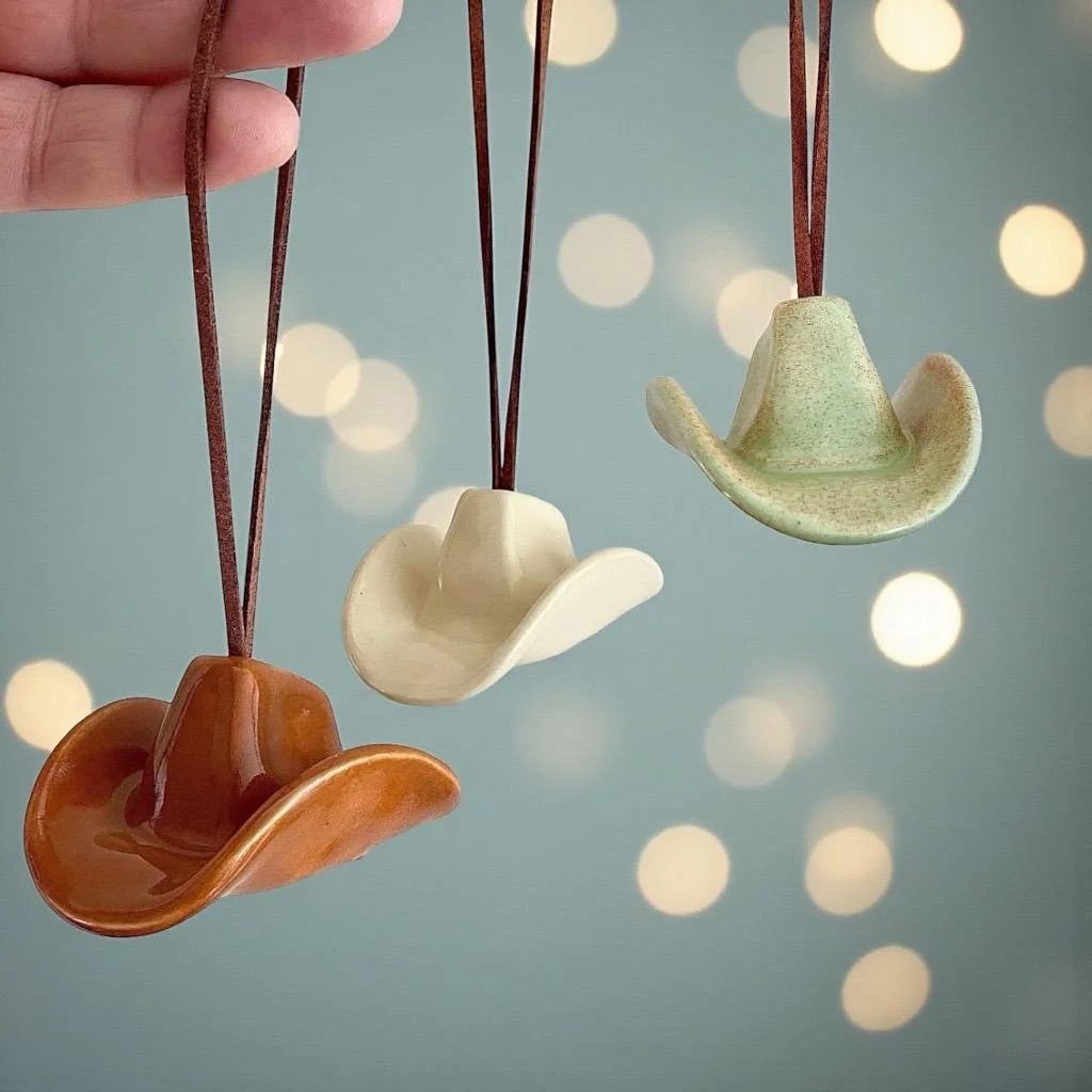 Small Ceramic Cowboy Hat Ornament with Vegan Leather Cord