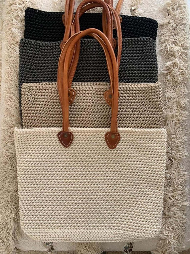 Rectangular Cotton Crochet Tote with Leather Handles