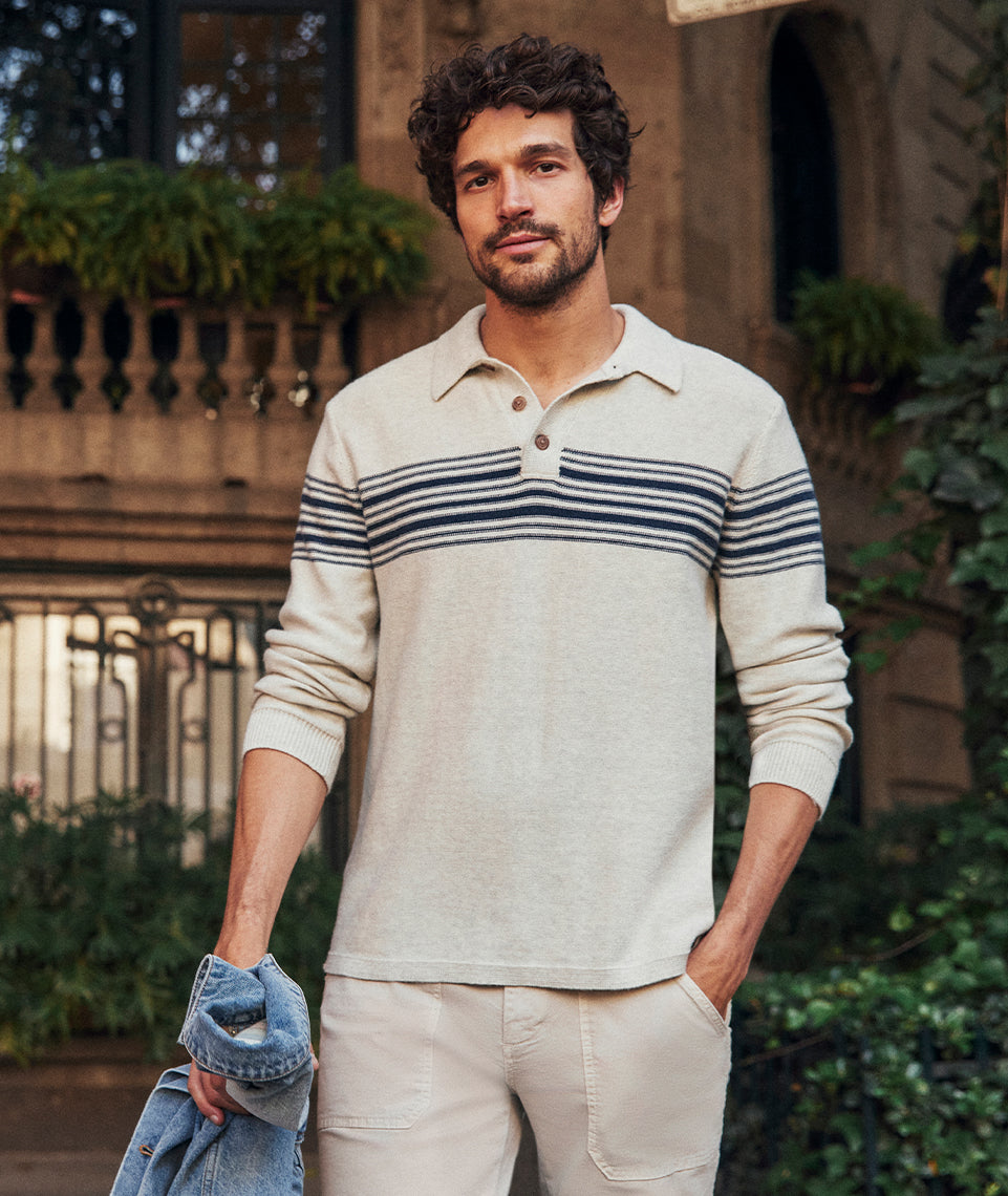 Ellias Chest Stripe Sweater Polo in Pearl/Dark Indigo