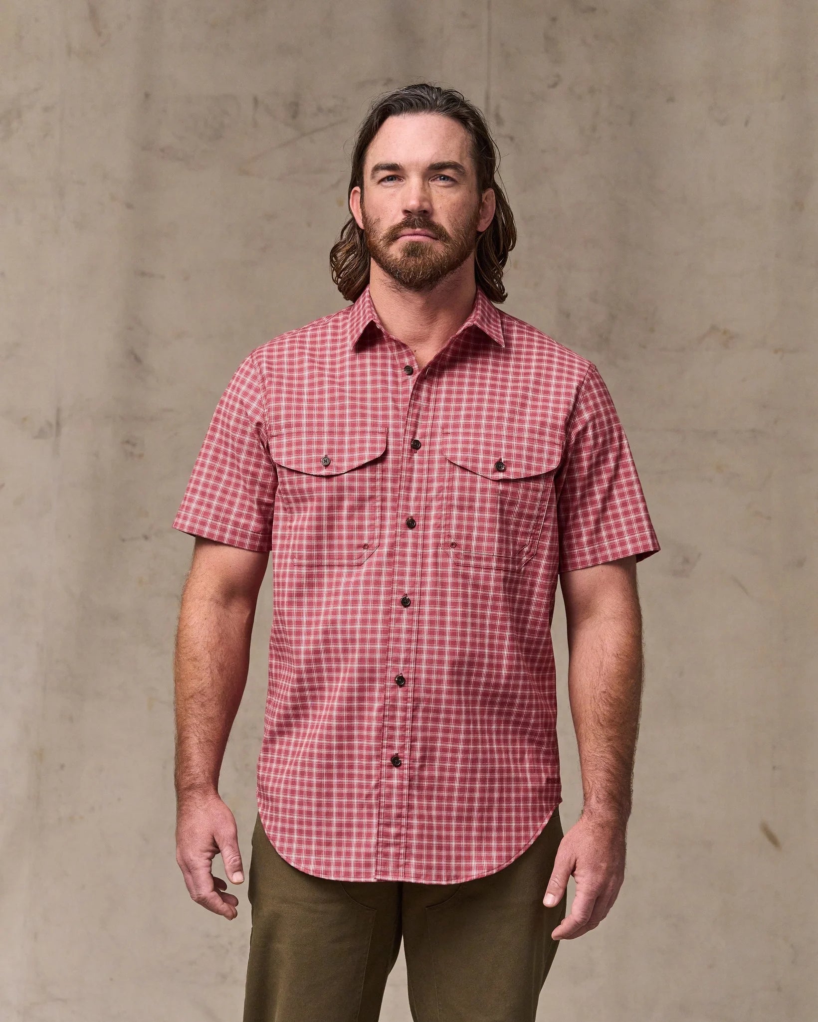 Twin Lakes Short Sleeve Sport Shirt - Brick / Cream Plaid