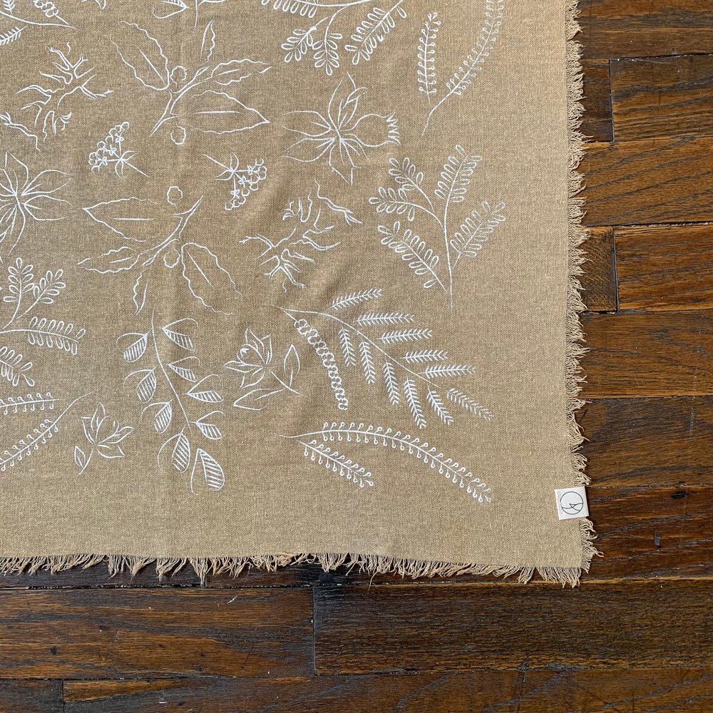 Oatmeal Naturally dyed handmade botanical patterned bandana/scarf - white ink