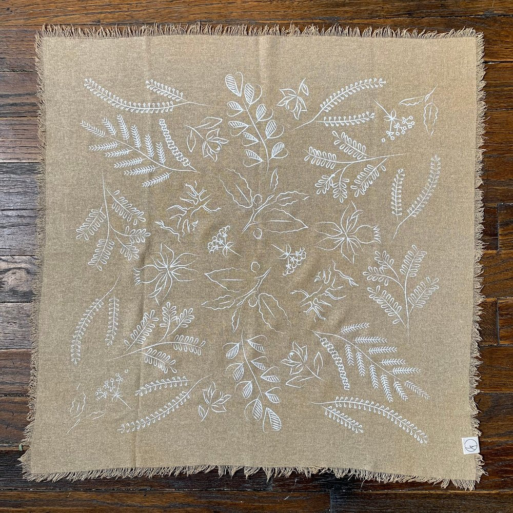 Oatmeal Naturally dyed handmade botanical patterned bandana/scarf - white ink