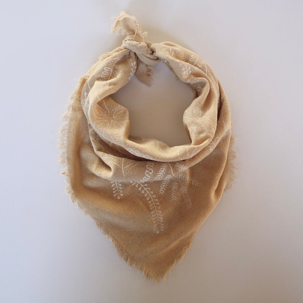 Oatmeal Naturally dyed handmade botanical patterned bandana/scarf - white ink