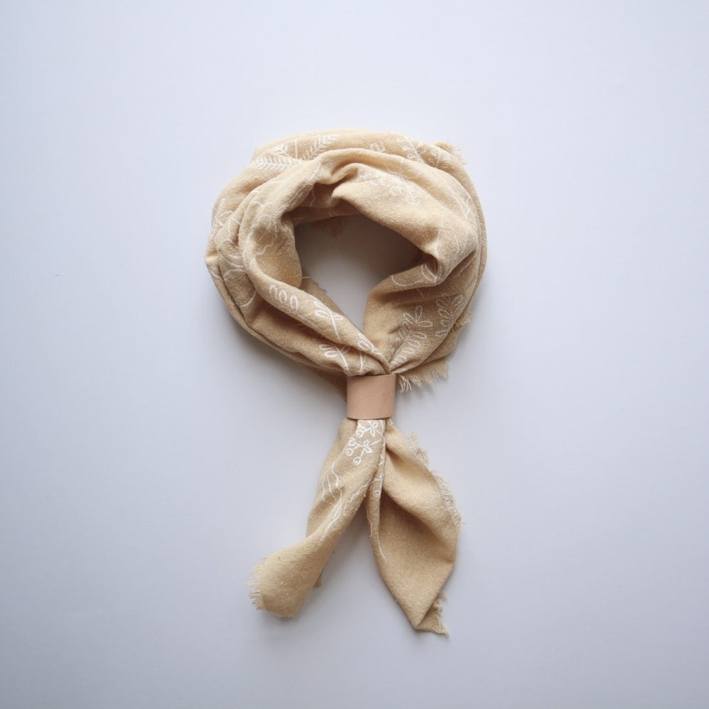 Oatmeal Naturally dyed handmade botanical patterned bandana/scarf - white ink