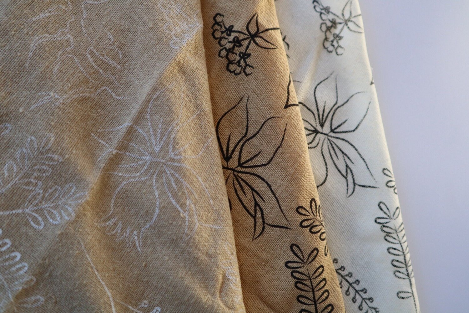 Oatmeal Naturally dyed handmade botanical patterned bandana/scarf - white ink