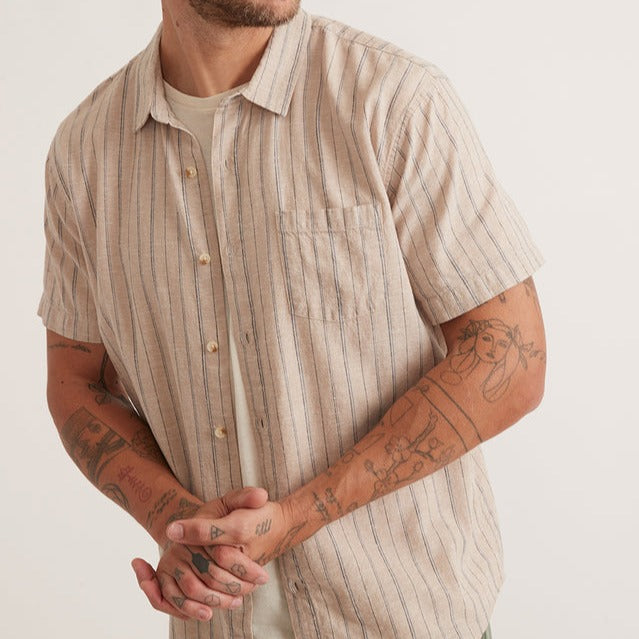 Short Sleeve Hemp Tencel Shirt in Khaki/Navy Stripe