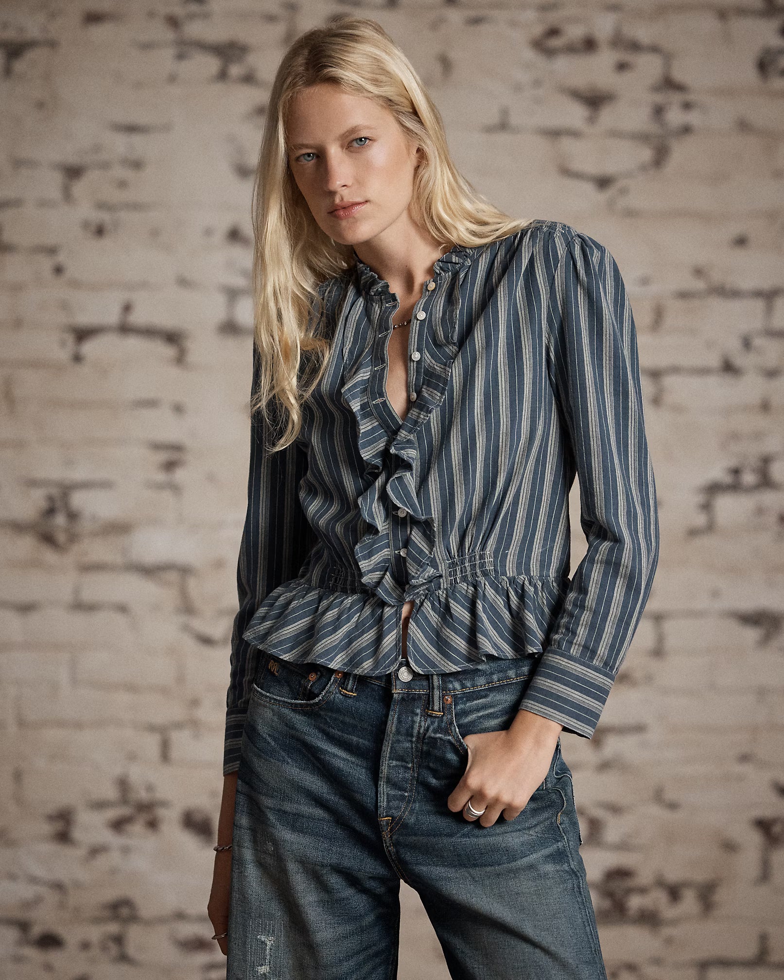 RRL Ruffle-Trim Striped Cotton Blouse