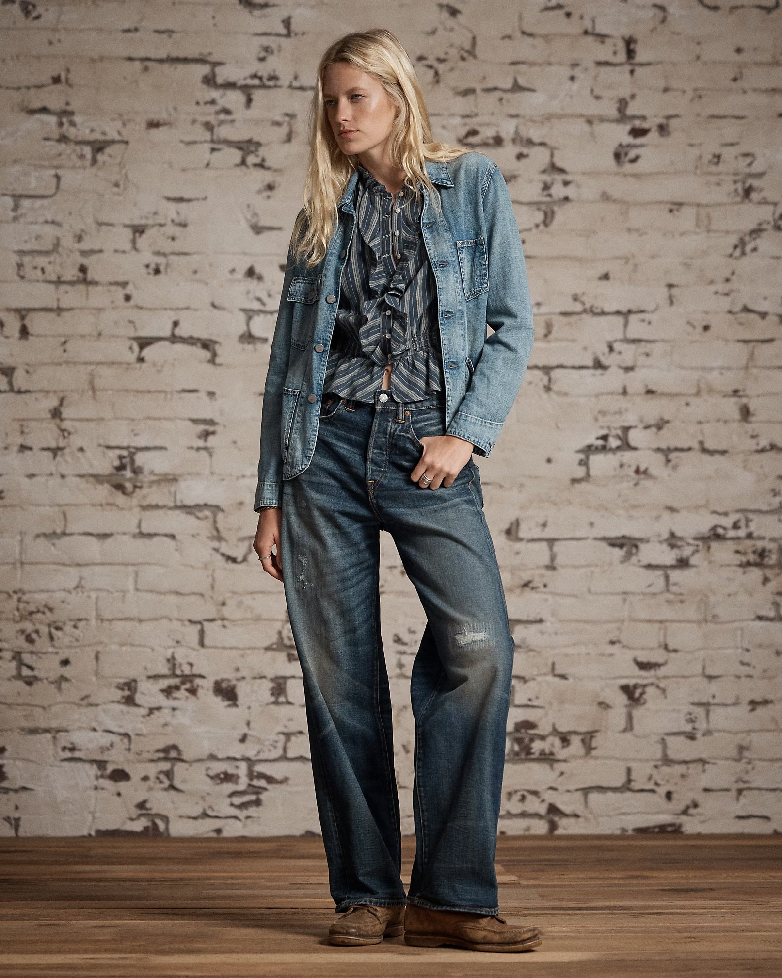 RRL Ruffle-Trim Striped Cotton Blouse