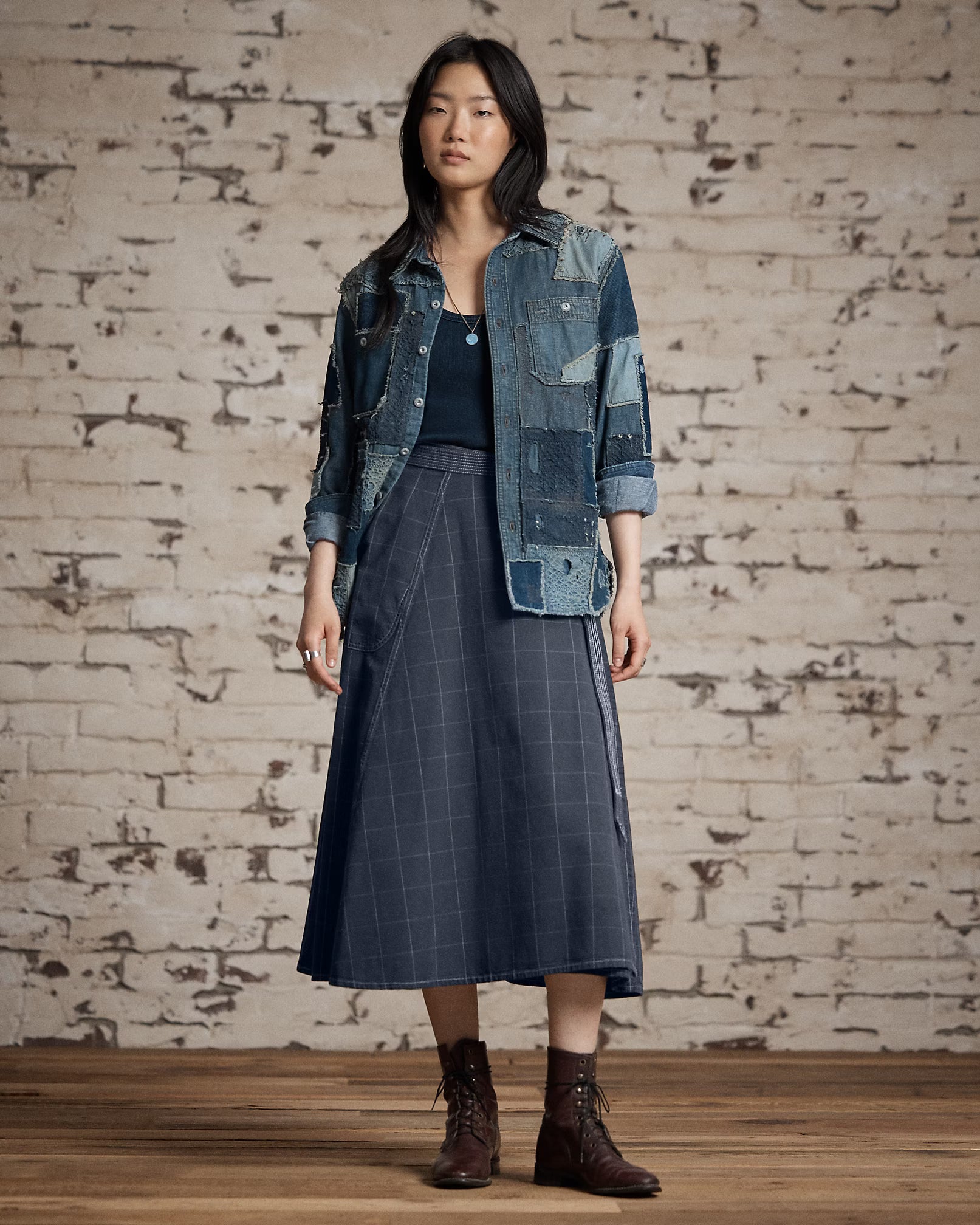 RRL Indigo Windowpane Linen Wrap Skirt