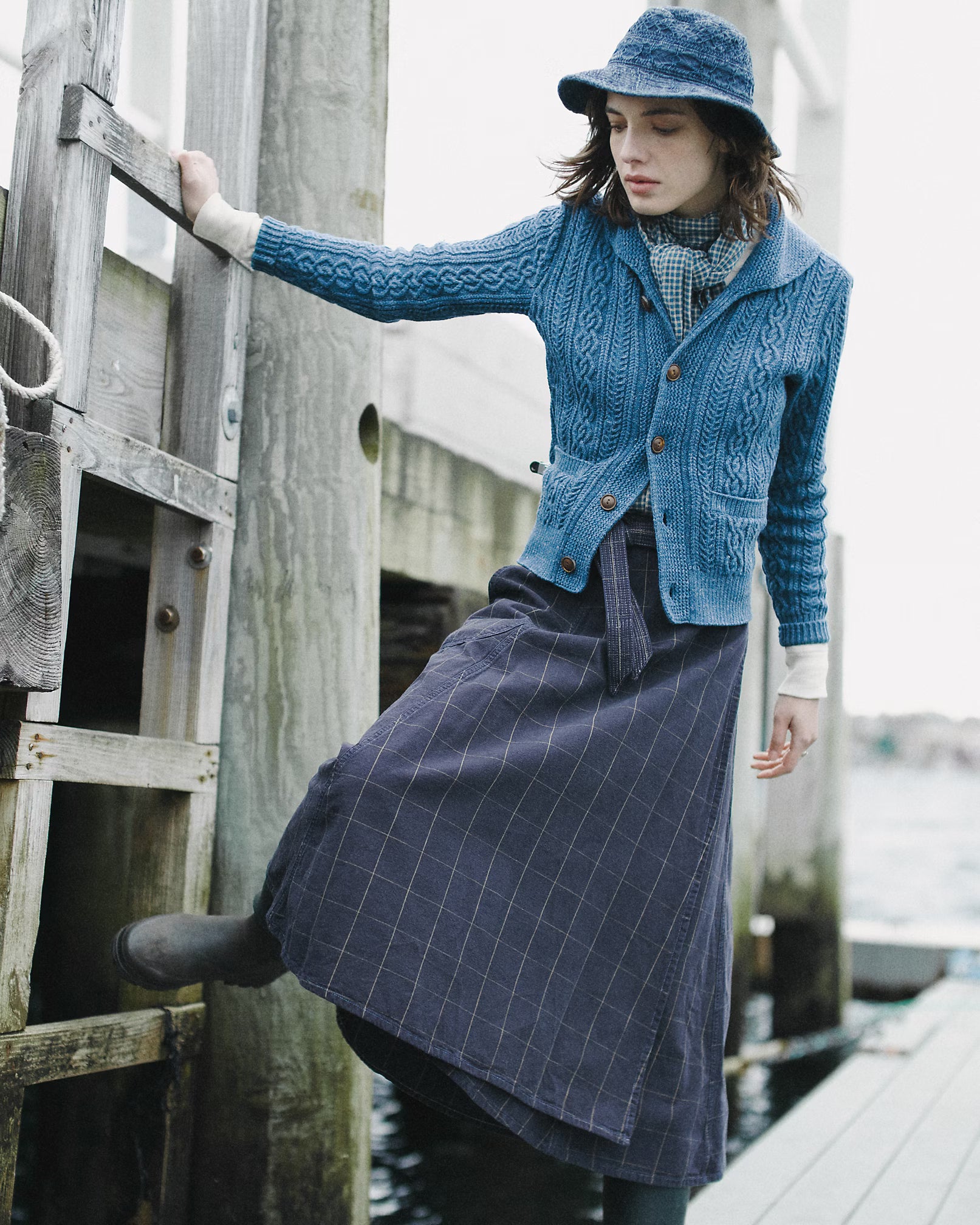 RRL Indigo Windowpane Linen Wrap Skirt