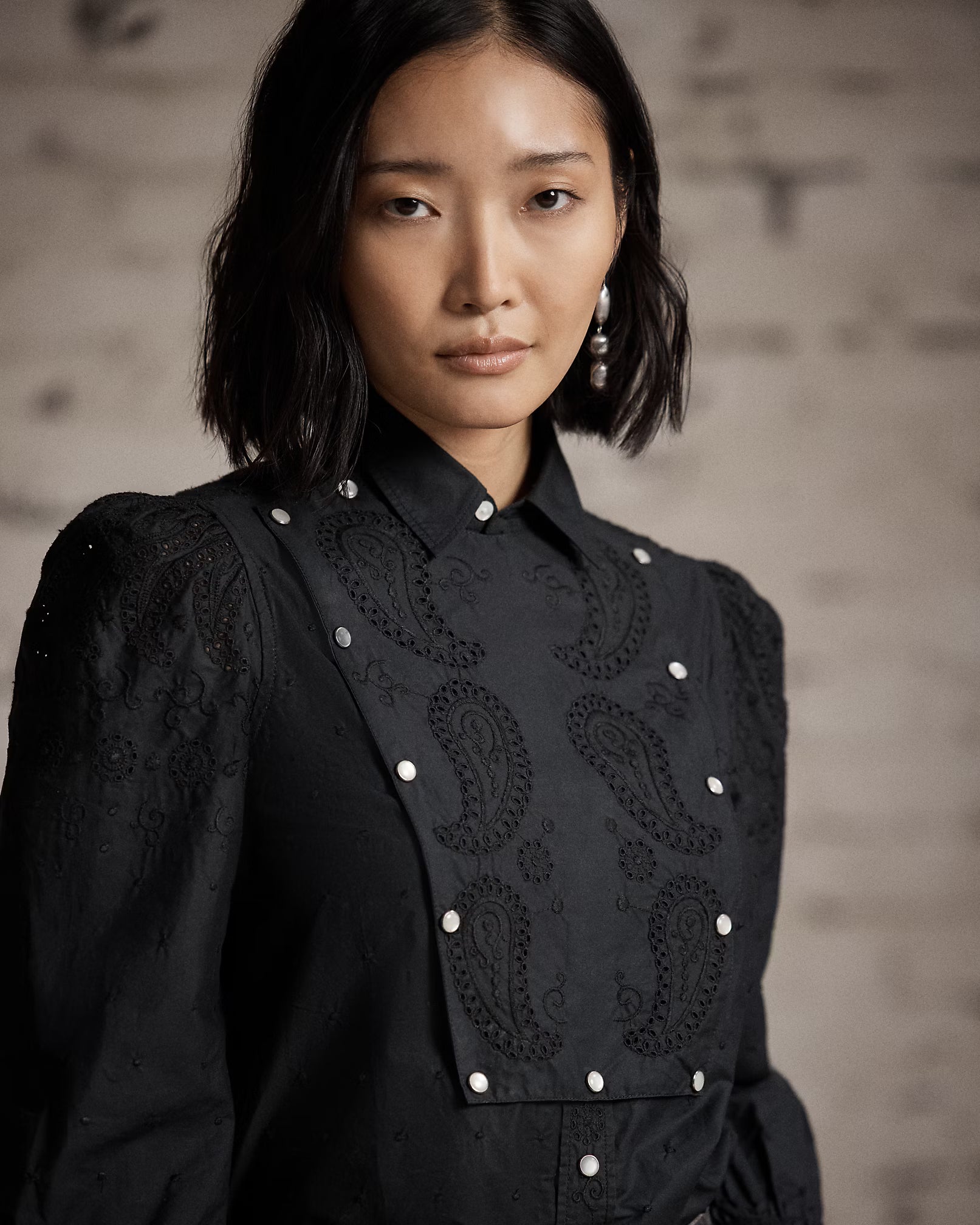 Embroidered Cotton Bib-Front Blouse