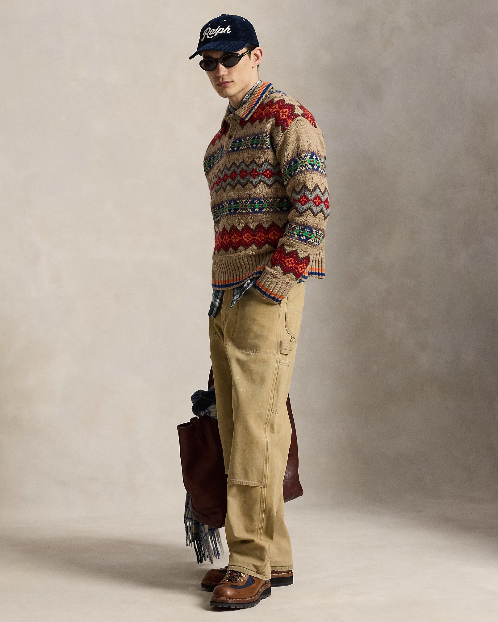 Fair Isle Wool Blend Polo Collar Sweater