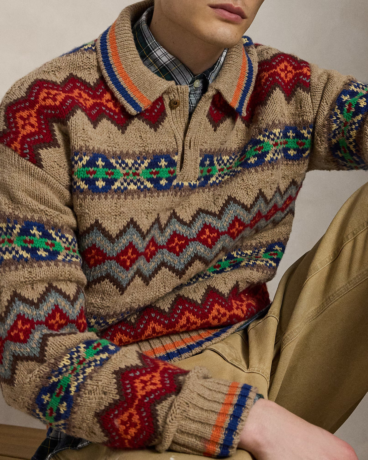 Fair Isle Wool Blend Polo Collar Sweater