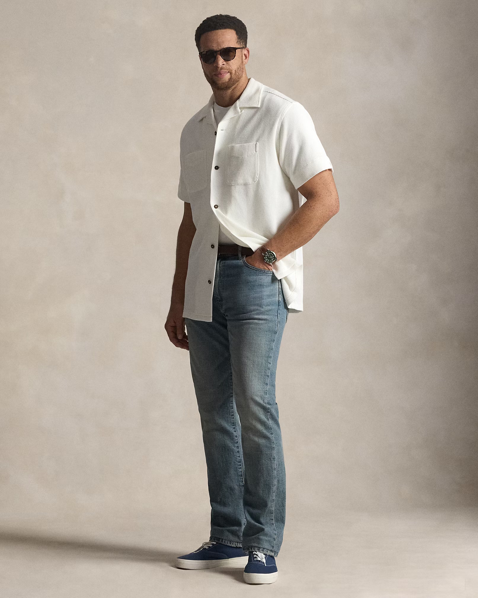 Waffle-Knit Cotton-Linen Camp Shirt