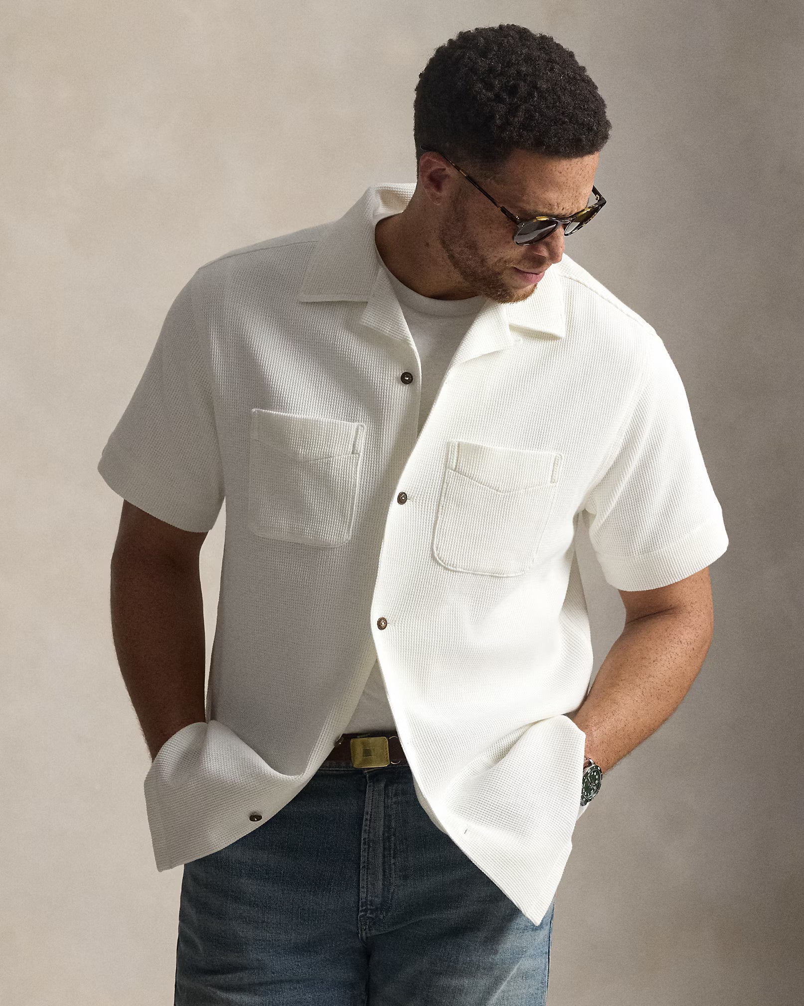 Waffle-Knit Cotton-Linen Camp Shirt