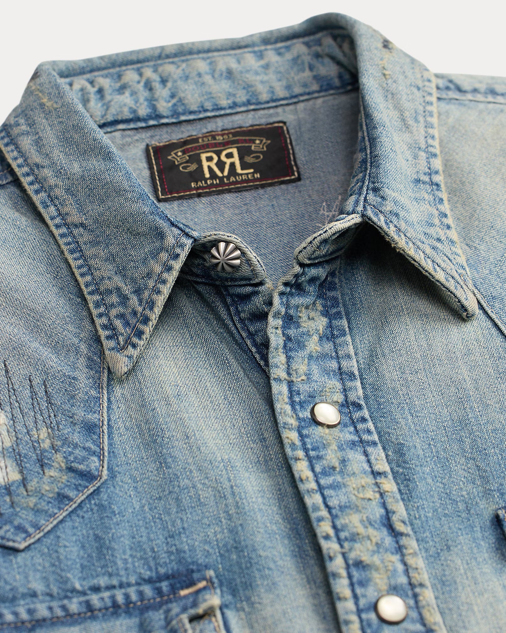 RRL Slim Fit Repaired Denim Western Shirt