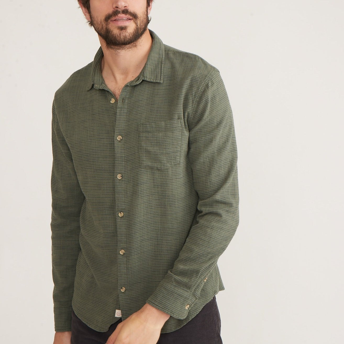 Long Sleeve Classic Stretch Selvage Shirt in Olive Stripe