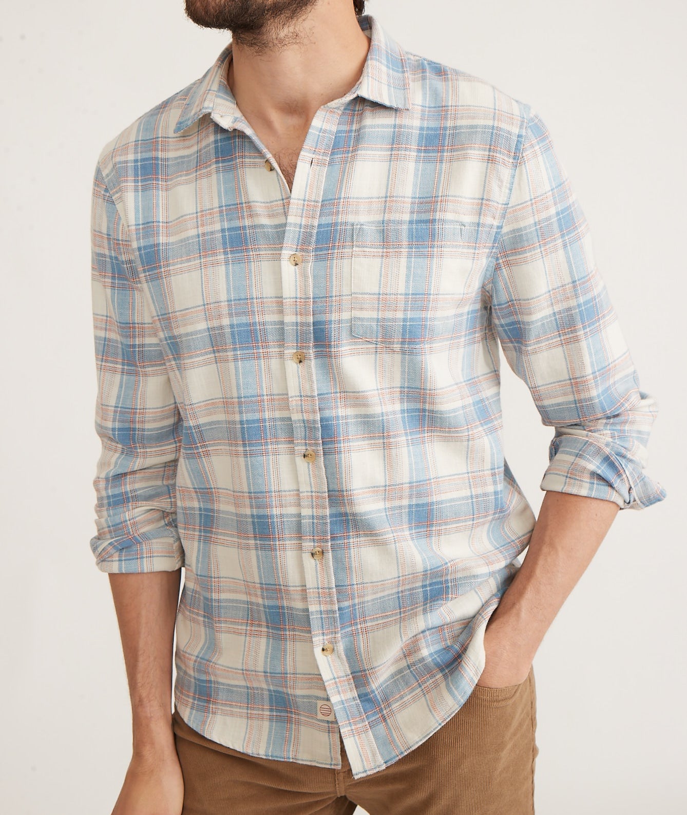 Long Sleeve Classic Stretch Selvage Shirt in Indigo Plaid