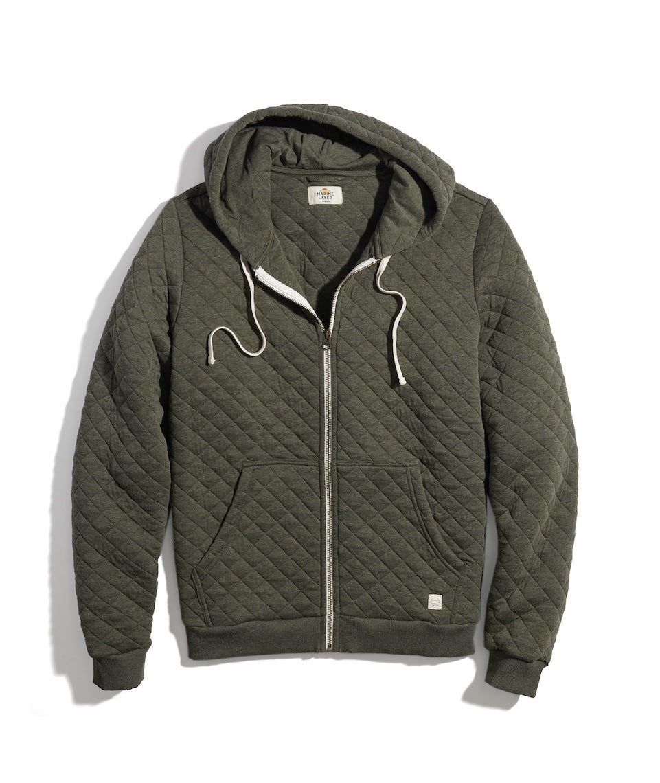 Corbet Quilted Full Zip-Hoodie in Olive Heather