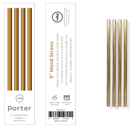 Porter 5in Metal Straws, Set of 4 with Cleaner - Gold