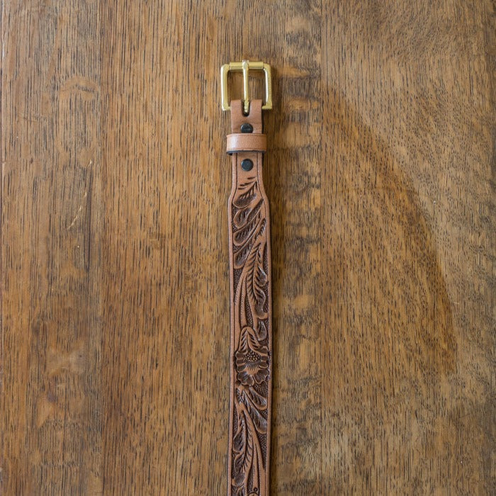 Western Tooled Leather Belt - Cognac