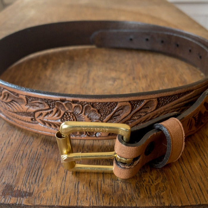 Western Tooled Leather Belt - Cognac