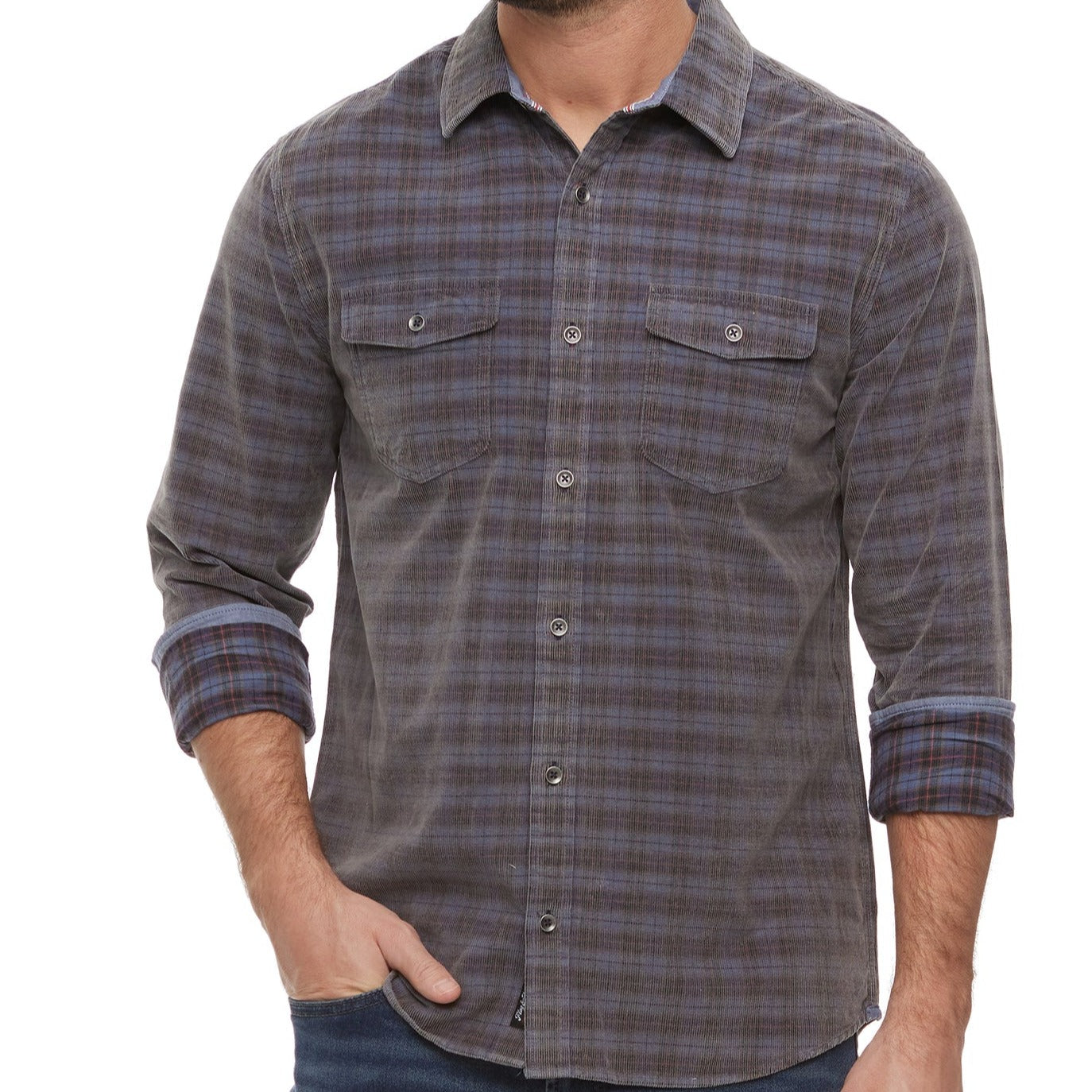 HERALD VINTAGE WASHED CORDUROY SHIRT -NAVY/BROWN/RED