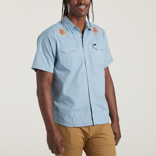 Crosscut Deluxe Shortsleeve Shirt - Beach Blooms : Blue Chambray