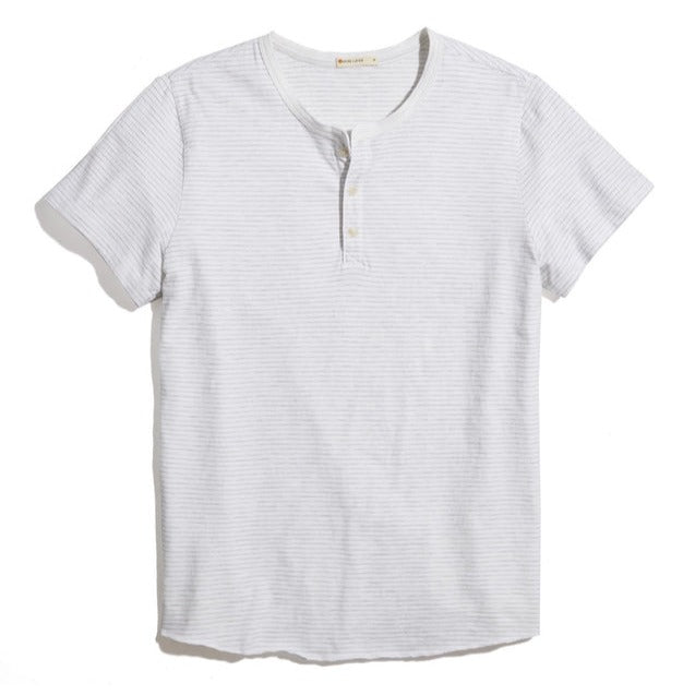 Short Sleeve Cotton Slub Henley in Antique White/Heather Grey Stripe