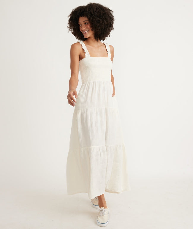 Selene Smocked Tiered Maxi Dress in White