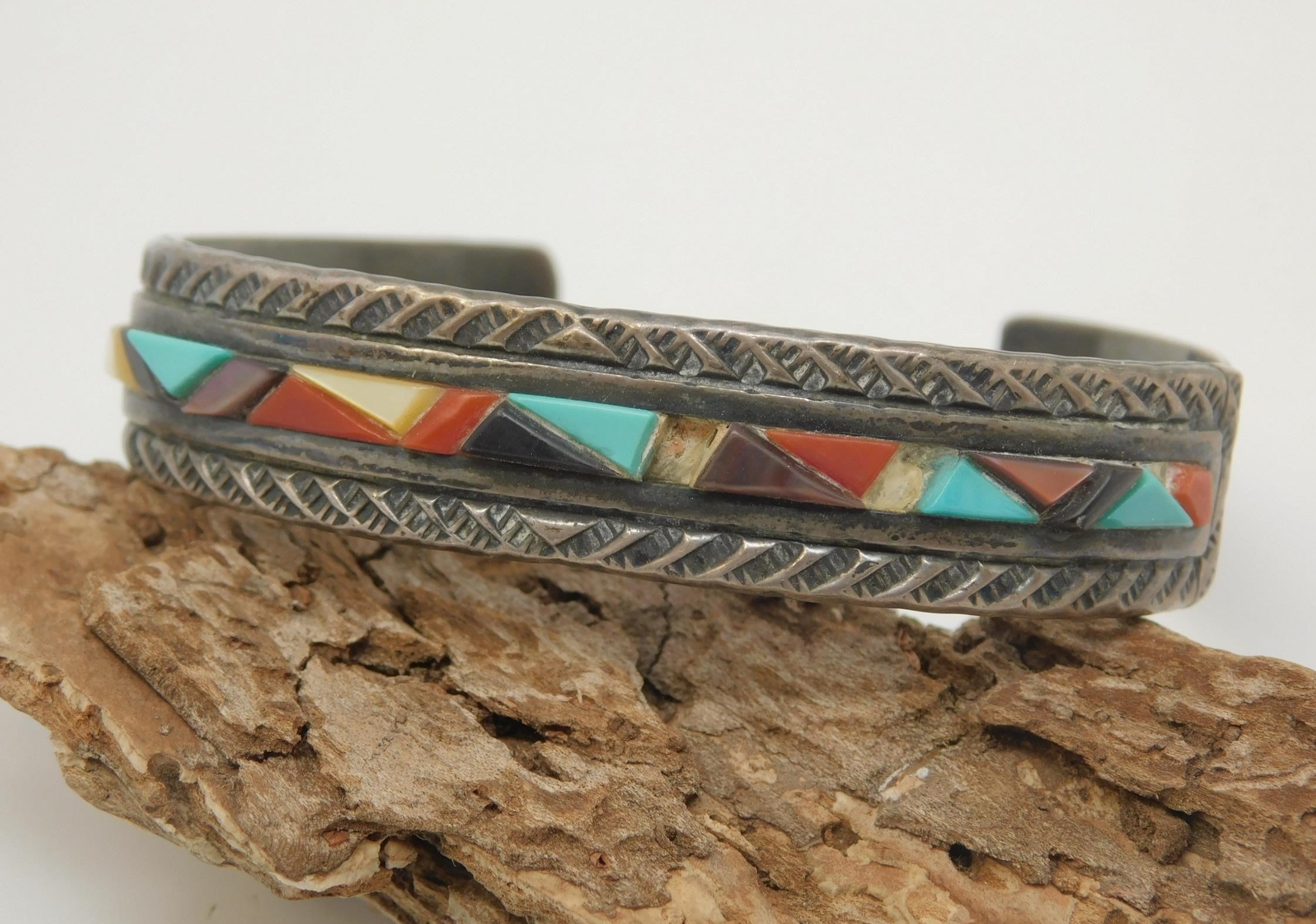 Sterling Silver Multi-stone Inlay Signed Southwestern Cuff Bracelet