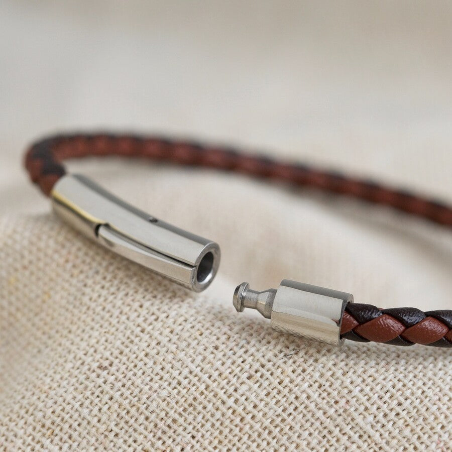 Men's Slim Brown Woven Leather Bracelet - Large