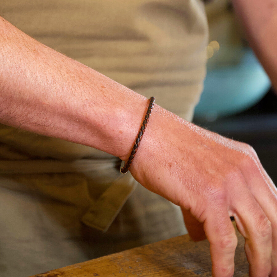 Men's Slim Brown Woven Leather Bracelet - Large