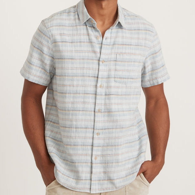 Short Sleeve Striped Selvage Cotton Shirt in Blue Multi Stripe